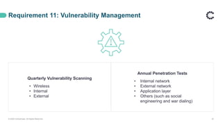 Quarterly Vulnerability Scanning
• Wireless
• Internal
• External
Annual Penetration Tests
• Internal network
• External network
• Application layer
• Others (such as social
engineering and war dialing)
Requirement 11: Vulnerability Management
© 2020 ControlCase. All Rights Reserved. 32
 