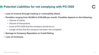Potential Liabilities for not complying with PCI DSS
• Loss of revenue through hacking or vulnerability attack.
• Penalties ranging from $5,000 to $100,000 per month. Penalties depend on the following:
• Volume of clients
• Volume of transactions
• Level of PCI-DSS that the company should be on,
• Length of time that the company has been non-compliant.
• Damage to Company Reputation or Credit Rating.
• Loss of Contracts.
© 2020 ControlCase. All Rights Reserved. 35
 
