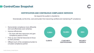 ControlCase Snapshot
CERTIFICATION AND CONTINUOUS COMPLIANCE SERVICES
Go beyond the auditor’s checklist to:
Dramatically cut the time, cost and burden from becoming certified and maintaining IT compliance.
© 2020 ControlCase. All Rights Reserved. 4
• Demonstrate compliance more efficiently
and cost effectively (cost certainty)
• Improve efficiencies
⁃ Do more with less resources and gain
compliance peace of mind
• Free up your internal resources to focus
on their priorities
• Offload much of the compliance burden to
a trusted compliance partner
1,000+ 300+
10,000+
CLIENTS IT SECURITY
CERTIFICATIONS
SECURITY
EXPERTS
 