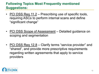 Following Topics Most Frequently mentioned
Suggestions:
•  PCI DSS Req 11.2 – Prescribing use of specific tools,
requiring...