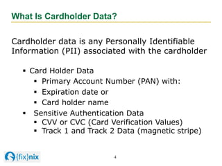 4
What Is Cardholder Data?
Cardholder data is any Personally Identifiable
Information (PII) associated with the cardholder...