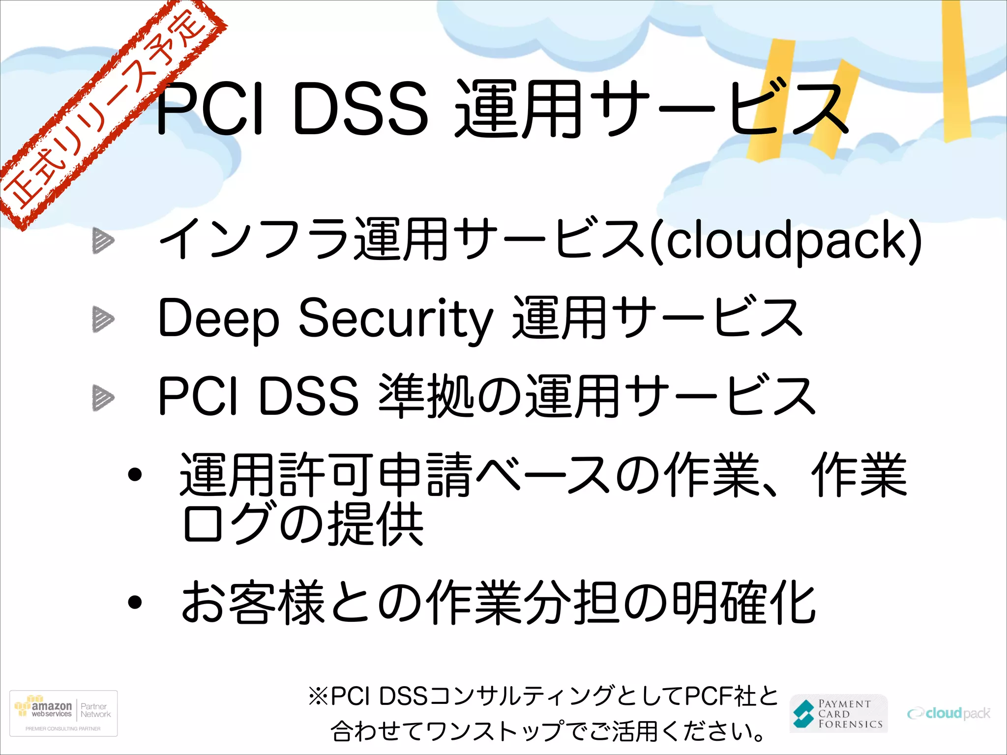 ョ

ン

∼合わせて使いたい∼

オ

プ
シ

専用接続プラン
L2 Switch

Virtual Private Cloud

専用線接続

L2 Switch
Router
Direct Connect

AWS Cloud

ONU

cloudpack ラック

MMR

Equinix Data center

※1

サービス提供範囲

※1：アカウント管理者（御社or弊社）

1の場合弊社提供
2,3の場合お客様対応範囲

AWS Direct Connect を運用保守つきで
1. フレッツVPNワイド（共有・冗長）：8万円/月∼
2. 専用線（共有・冗長）：15万5千円/月∼
3. 専用線（専有・冗長）：37万円/月∼

お客様拠点

 