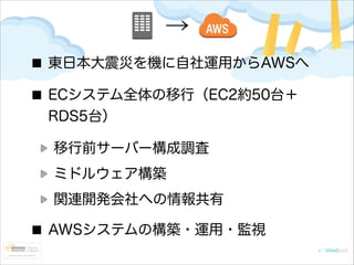 →
東日本大震災を機に自社運用からAWSへ
ECシステム全体の移行（EC2約50台＋
RDS5台）
移行前サーバー構成調査
ミドルウェア構築
関連開発会社への情報共有
AWSシステムの構築・運用・監視

 