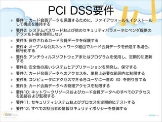 PCI DSS要件
要件1: カード会員データを保護するために、ファイアウォールをインストール
して構成を維持する
要件2: システムパスワードおよび他のセキュリティパラメータにベンダ提供の
デフォルト値を使用しない
要件3: 保存されるカード会員データを保護する
要件4: オープンな公共ネットワーク経由でカード会員データを伝送する場合、
暗号化する
要件5: アンチウィルスソフトウェアまたはプログラムを使用し、定期的に更新
する
要件6: 安全性の高いシステムとアプリケーションを開発し、保守する
要件7: カード会員データへのアクセスを、業務上必要な範囲内に制限する
要件8: コンピュータにアクセスできる各ユーザに一意の ID を割り当てる
要件9: カード会員データへの物理アクセスを制限する
要件10: ネットワークリソースおよびカード会員データへのすべてのアクセス
を追跡および監視する
要件11: セキュリティシステムおよびプロセスを定期的にテストする
要件12: すべての担当者の情報セキュリティポリシーを整備する

 