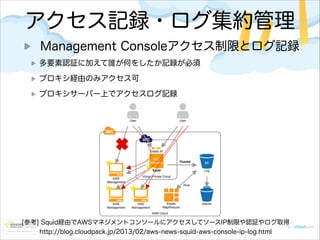 アクセス記録・ログ集約管理
Management Consoleアクセス制限とログ記録
多要素認証に加えて誰が何をしたか記録が必須
プロキシ経由のみアクセス可
プロキシサーバー上でアクセスログ記録

[参考] Squid経由でAWSマネジメントコンソールにアクセスしてソースIP制限や認証やログ取得
http://blog.cloudpack.jp/2013/02/aws-news-squid-aws-console-ip-log.html

 