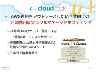 AWS運用をアウトソースしたい企業向けの 
月額費用固定型フルマネージドホスティング
24時間365日サーバー運用・保守

•電話/メールによるサポート
初期費用なし(基本移行作業含む) 
月額5万円からのスタート
日本円で請求書発行

 