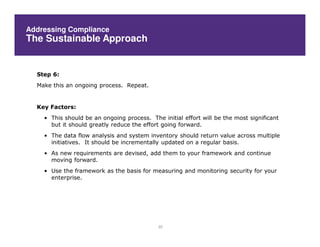 Addressing Compliance
The Sustainable Approach


  Step 6:
  Make this an ongoing process. Repeat.


  Key Factors:
    • This should be an ongoing process. The initial effort will be the most significant
      but it should greatly reduce the effort going forward.
    • The data flow analysis and system inventory should return value across multiple
      initiatives. It should be incrementally updated on a regular basis.
    • As new requirements are devised, add them to your framework and continue
      moving forward.
    • Use the framework as the basis for measuring and monitoring security for your
      enterprise.




                                            22
 
