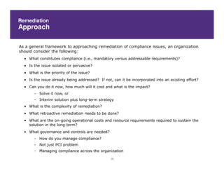 Remediation
Approach

As a general framework to approaching remediation of compliance issues, an organization
should consider the following:
  • What constitutes compliance (i.e., mandatory versus addressable requirements)?
  • Is the issue isolated or pervasive?
  • What is the priority of the issue?
  • Is the issue already being addressed? If not, can it be incorporated into an existing effort?
  • Can you do it now, how much will it cost and what is the impact?
       - Solve it now, or
       - Interim solution plus long-term strategy
  • What is the complexity of remediation?
  • What retroactive remediation needs to be done?
  • What are the on-going operational costs and resource requirements required to sustain the
    solution in the long-term?
  • What governance and controls are needed?
       - How do you manage compliance?
       - Not just PCI problem
       - Managing compliance across the organization

                                                 26
 