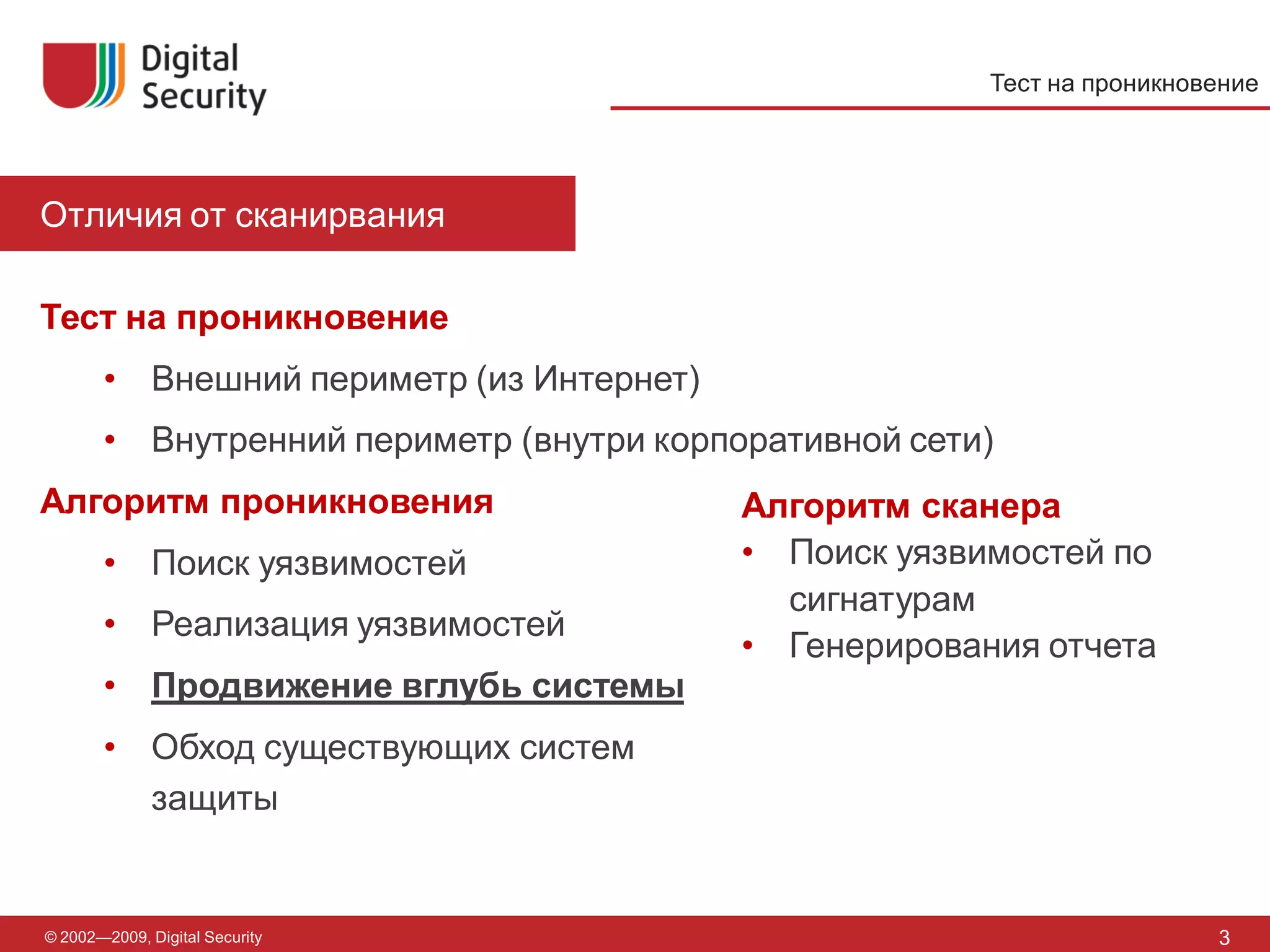 Тест на проникновение




Отличия от сканирвания

Тест на проникновение
       • Внешний периметр (из Интернет)
       • Внутренний периметр (внутри корпоративной сети)
Алгоритм проникновения                    Алгоритм сканера
       • Поиск уязвимостей                • Поиск уязвимостей по
                                            сигнатурам
       • Реализация уязвимостей
                                          • Генерирования отчета
       • Продвижение вглубь системы
       • Обход существующих систем
         защиты


© 2002—2009, Digital Security                                           3
 