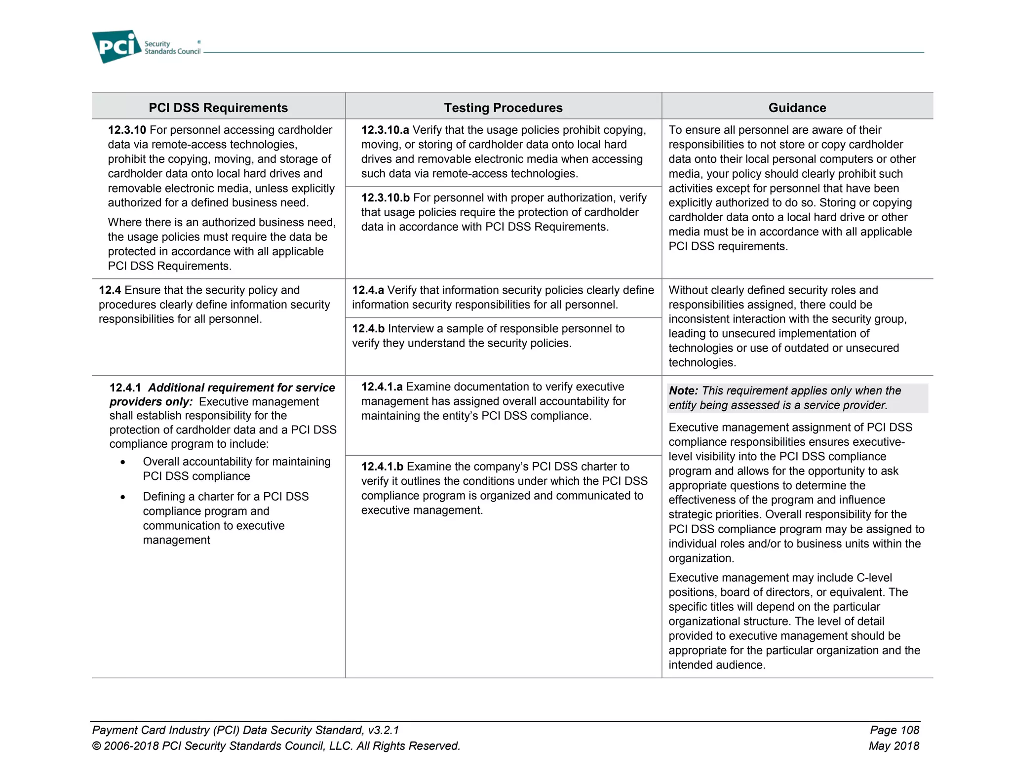 Payment Card Industry (PCI) Data Security Standard, v3.2.1 Page 108
© 2006-2018 PCI Security Standards Council, LLC. All Rights Reserved. May 2018
PCI DSS Requirements Testing Procedures Guidance
12.3.10 For personnel accessing cardholder
data via remote-access technologies,
prohibit the copying, moving, and storage of
cardholder data onto local hard drives and
removable electronic media, unless explicitly
authorized for a defined business need.
Where there is an authorized business need,
the usage policies must require the data be
protected in accordance with all applicable
PCI DSS Requirements.
12.3.10.a Verify that the usage policies prohibit copying,
moving, or storing of cardholder data onto local hard
drives and removable electronic media when accessing
such data via remote-access technologies.
To ensure all personnel are aware of their
responsibilities to not store or copy cardholder
data onto their local personal computers or other
media, your policy should clearly prohibit such
activities except for personnel that have been
explicitly authorized to do so. Storing or copying
cardholder data onto a local hard drive or other
media must be in accordance with all applicable
PCI DSS requirements.
12.3.10.b For personnel with proper authorization, verify
that usage policies require the protection of cardholder
data in accordance with PCI DSS Requirements.
12.4 Ensure that the security policy and
procedures clearly define information security
responsibilities for all personnel.
12.4.a Verify that information security policies clearly define
information security responsibilities for all personnel.
Without clearly defined security roles and
responsibilities assigned, there could be
inconsistent interaction with the security group,
leading to unsecured implementation of
technologies or use of outdated or unsecured
technologies.
12.4.b Interview a sample of responsible personnel to
verify they understand the security policies.
12.4.1 Additional requirement for service
providers only: Executive management
shall establish responsibility for the
protection of cardholder data and a PCI DSS
compliance program to include:
• Overall accountability for maintaining
PCI DSS compliance
• Defining a charter for a PCI DSS
compliance program and
communication to executive
management
12.4.1.a Examine documentation to verify executive
management has assigned overall accountability for
maintaining the entity’s PCI DSS compliance.
Note: This requirement applies only when the
entity being assessed is a service provider.
Executive management assignment of PCI DSS
compliance responsibilities ensures executive-
level visibility into the PCI DSS compliance
program and allows for the opportunity to ask
appropriate questions to determine the
effectiveness of the program and influence
strategic priorities. Overall responsibility for the
PCI DSS compliance program may be assigned to
individual roles and/or to business units within the
organization.
Executive management may include C-level
positions, board of directors, or equivalent. The
specific titles will depend on the particular
organizational structure. The level of detail
provided to executive management should be
appropriate for the particular organization and the
intended audience.
12.4.1.b Examine the company’s PCI DSS charter to
verify it outlines the conditions under which the PCI DSS
compliance program is organized and communicated to
executive management.
 