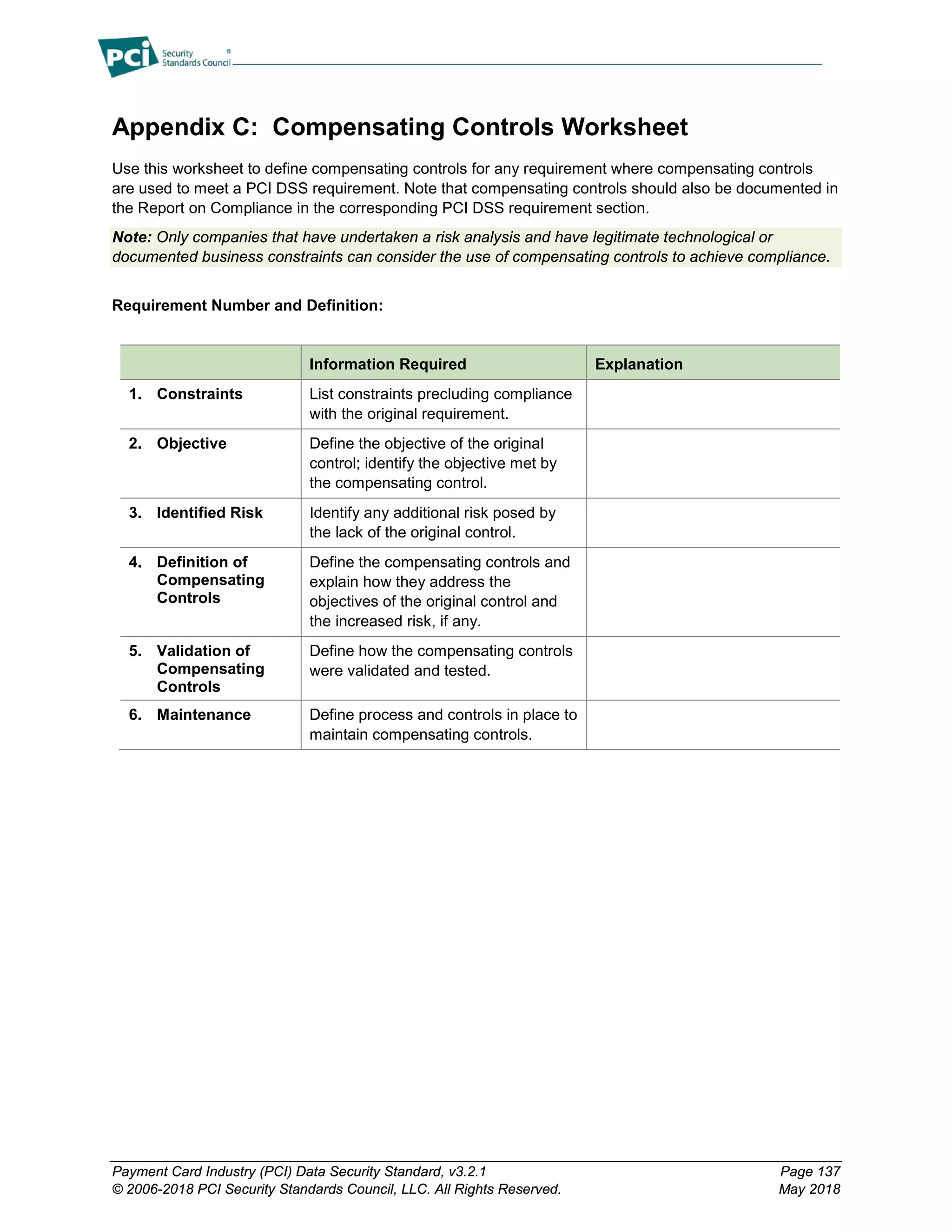 Payment Card Industry (PCI) Data Security Standard, v3.2.1 Page 137
© 2006-2018 PCI Security Standards Council, LLC. All Rights Reserved. May 2018
Appendix C: Compensating Controls Worksheet
Use this worksheet to define compensating controls for any requirement where compensating controls
are used to meet a PCI DSS requirement. Note that compensating controls should also be documented in
the Report on Compliance in the corresponding PCI DSS requirement section.
Note: Only companies that have undertaken a risk analysis and have legitimate technological or
documented business constraints can consider the use of compensating controls to achieve compliance.
Requirement Number and Definition:
Information Required Explanation
1. Constraints List constraints precluding compliance
with the original requirement.
2. Objective Define the objective of the original
control; identify the objective met by
the compensating control.
3. Identified Risk Identify any additional risk posed by
the lack of the original control.
4. Definition of
Compensating
Controls
Define the compensating controls and
explain how they address the
objectives of the original control and
the increased risk, if any.
5. Validation of
Compensating
Controls
Define how the compensating controls
were validated and tested.
6. Maintenance Define process and controls in place to
maintain compensating controls.
 