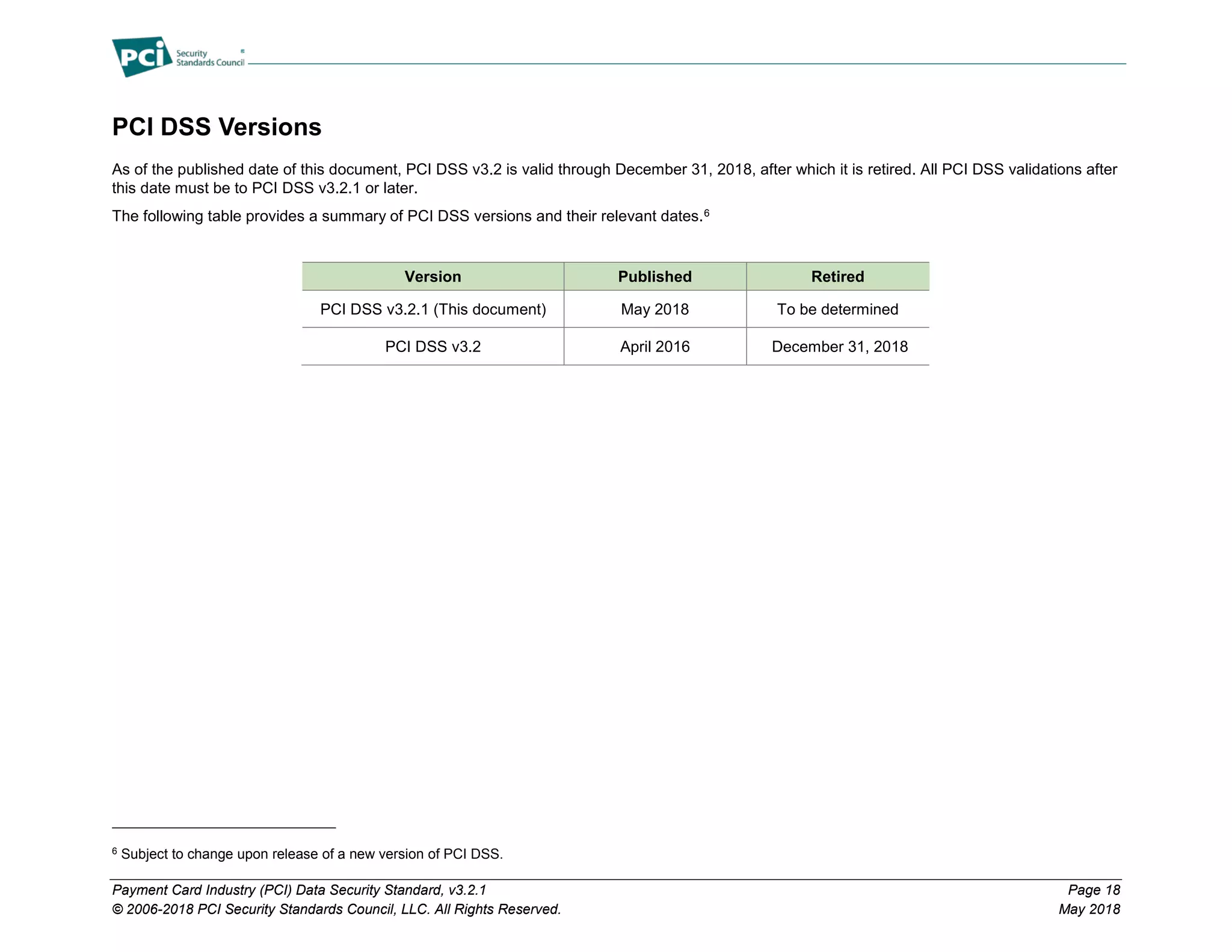Payment Card Industry (PCI) Data Security Standard, v3.2.1 Page 18
© 2006-2018 PCI Security Standards Council, LLC. All Rights Reserved. May 2018
PCI DSS Versions
As of the published date of this document, PCI DSS v3.2 is valid through December 31, 2018, after which it is retired. All PCI DSS validations after
this date must be to PCI DSS v3.2.1 or later.
The following table provides a summary of PCI DSS versions and their relevant dates.6
Version Published Retired
PCI DSS v3.2.1 (This document) May 2018 To be determined
PCI DSS v3.2 April 2016 December 31, 2018
6
Subject to change upon release of a new version of PCI DSS.
 