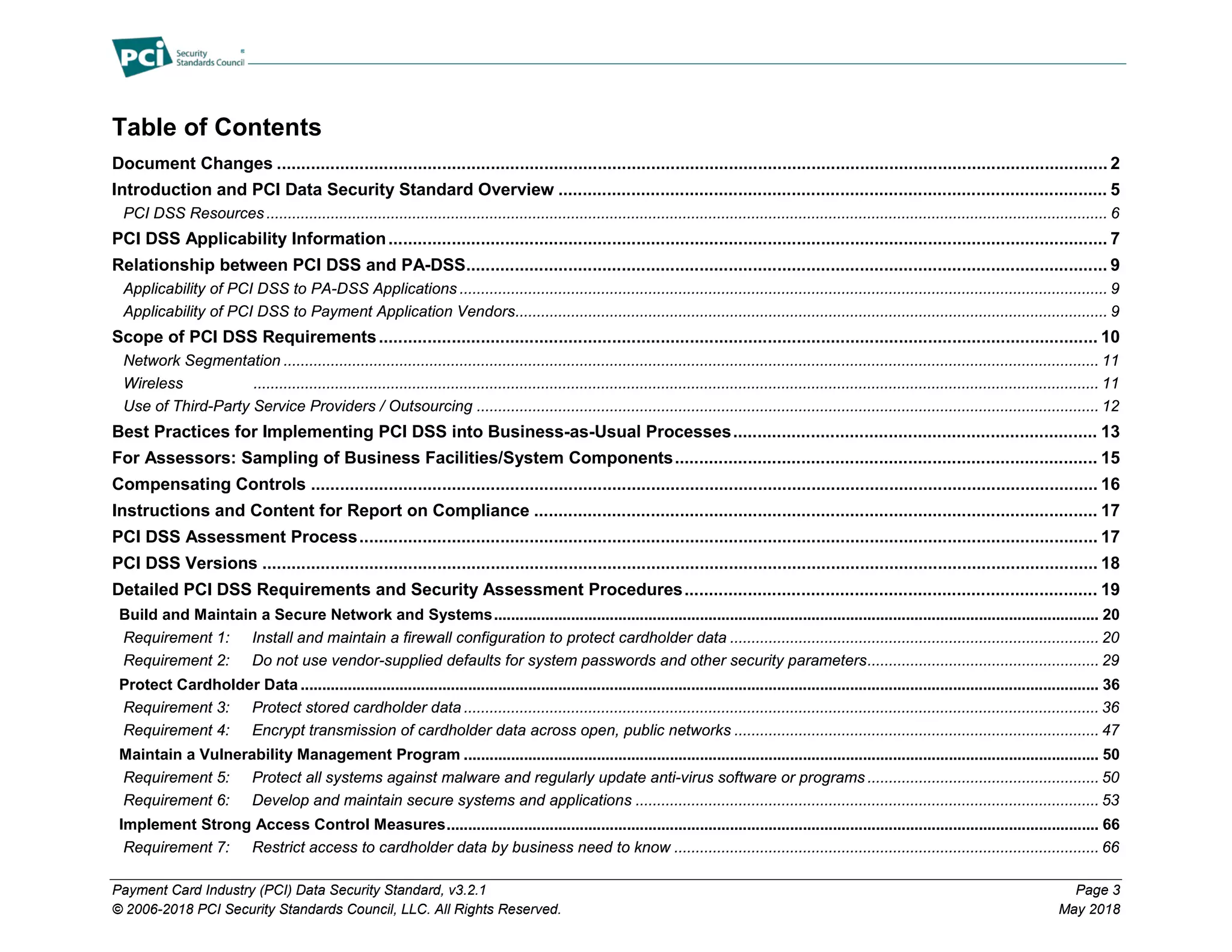 Payment Card Industry (PCI) Data Security Standard, v3.2.1 Page 3
© 2006-2018 PCI Security Standards Council, LLC. All Rights Reserved. May 2018
Table of Contents
Document Changes ........................................................................................................................................................................... 2
Introduction and PCI Data Security Standard Overview ................................................................................................................. 5
PCI DSS Resources .................................................................................................................................................................................................... 6
PCI DSS Applicability Information.................................................................................................................................................... 7
Relationship between PCI DSS and PA-DSS.................................................................................................................................... 9
Applicability of PCI DSS to PA-DSS Applications ....................................................................................................................................................... 9
Applicability of PCI DSS to Payment Application Vendors.......................................................................................................................................... 9
Scope of PCI DSS Requirements.................................................................................................................................................... 10
Network Segmentation .............................................................................................................................................................................................. 11
Wireless ..................................................................................................................................................................................................... 11
Use of Third-Party Service Providers / Outsourcing ................................................................................................................................................. 12
Best Practices for Implementing PCI DSS into Business-as-Usual Processes........................................................................... 13
For Assessors: Sampling of Business Facilities/System Components....................................................................................... 15
Compensating Controls .................................................................................................................................................................. 16
Instructions and Content for Report on Compliance .................................................................................................................... 17
PCI DSS Assessment Process........................................................................................................................................................ 17
PCI DSS Versions ............................................................................................................................................................................ 18
Detailed PCI DSS Requirements and Security Assessment Procedures..................................................................................... 19
Build and Maintain a Secure Network and Systems............................................................................................................................................. 20
Requirement 1: Install and maintain a firewall configuration to protect cardholder data ...................................................................................... 20
Requirement 2: Do not use vendor-supplied defaults for system passwords and other security parameters...................................................... 29
Protect Cardholder Data .......................................................................................................................................................................................... 36
Requirement 3: Protect stored cardholder data .................................................................................................................................................... 36
Requirement 4: Encrypt transmission of cardholder data across open, public networks ..................................................................................... 47
Maintain a Vulnerability Management Program .................................................................................................................................................... 50
Requirement 5: Protect all systems against malware and regularly update anti-virus software or programs ...................................................... 50
Requirement 6: Develop and maintain secure systems and applications ............................................................................................................ 53
Implement Strong Access Control Measures........................................................................................................................................................ 66
Requirement 7: Restrict access to cardholder data by business need to know ................................................................................................... 66
 