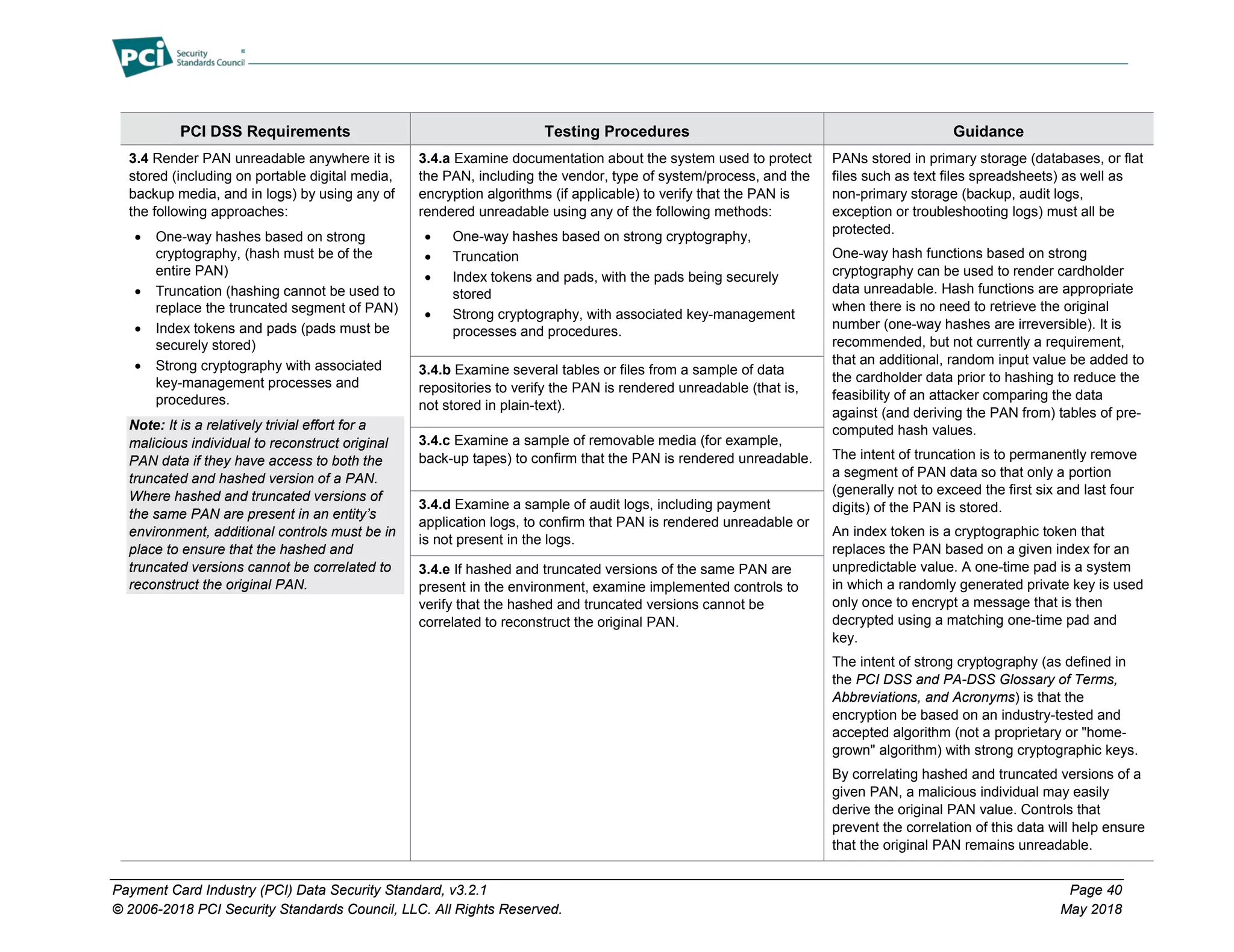 Payment Card Industry (PCI) Data Security Standard, v3.2.1 Page 40
© 2006-2018 PCI Security Standards Council, LLC. All Rights Reserved. May 2018
PCI DSS Requirements Testing Procedures Guidance
3.4 Render PAN unreadable anywhere it is
stored (including on portable digital media,
backup media, and in logs) by using any of
the following approaches:
• One-way hashes based on strong
cryptography, (hash must be of the
entire PAN)
• Truncation (hashing cannot be used to
replace the truncated segment of PAN)
• Index tokens and pads (pads must be
securely stored)
• Strong cryptography with associated
key-management processes and
procedures.
Note: It is a relatively trivial effort for a
malicious individual to reconstruct original
PAN data if they have access to both the
truncated and hashed version of a PAN.
Where hashed and truncated versions of
the same PAN are present in an entity’s
environment, additional controls must be in
place to ensure that the hashed and
truncated versions cannot be correlated to
reconstruct the original PAN.
3.4.a Examine documentation about the system used to protect
the PAN, including the vendor, type of system/process, and the
encryption algorithms (if applicable) to verify that the PAN is
rendered unreadable using any of the following methods:
• One-way hashes based on strong cryptography,
• Truncation
• Index tokens and pads, with the pads being securely
stored
• Strong cryptography, with associated key-management
processes and procedures.
PANs stored in primary storage (databases, or flat
files such as text files spreadsheets) as well as
non-primary storage (backup, audit logs,
exception or troubleshooting logs) must all be
protected.
One-way hash functions based on strong
cryptography can be used to render cardholder
data unreadable. Hash functions are appropriate
when there is no need to retrieve the original
number (one-way hashes are irreversible). It is
recommended, but not currently a requirement,
that an additional, random input value be added to
the cardholder data prior to hashing to reduce the
feasibility of an attacker comparing the data
against (and deriving the PAN from) tables of pre-
computed hash values.
The intent of truncation is to permanently remove
a segment of PAN data so that only a portion
(generally not to exceed the first six and last four
digits) of the PAN is stored.
An index token is a cryptographic token that
replaces the PAN based on a given index for an
unpredictable value. A one-time pad is a system
in which a randomly generated private key is used
only once to encrypt a message that is then
decrypted using a matching one-time pad and
key.
The intent of strong cryptography (as defined in
the PCI DSS and PA-DSS Glossary of Terms,
Abbreviations, and Acronyms) is that the
encryption be based on an industry-tested and
accepted algorithm (not a proprietary or "home-
grown" algorithm) with strong cryptographic keys.
By correlating hashed and truncated versions of a
given PAN, a malicious individual may easily
derive the original PAN value. Controls that
prevent the correlation of this data will help ensure
that the original PAN remains unreadable.
3.4.b Examine several tables or files from a sample of data
repositories to verify the PAN is rendered unreadable (that is,
not stored in plain-text).
3.4.c Examine a sample of removable media (for example,
back-up tapes) to confirm that the PAN is rendered unreadable.
3.4.d Examine a sample of audit logs, including payment
application logs, to confirm that PAN is rendered unreadable or
is not present in the logs.
3.4.e If hashed and truncated versions of the same PAN are
present in the environment, examine implemented controls to
verify that the hashed and truncated versions cannot be
correlated to reconstruct the original PAN.
 