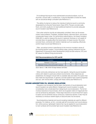 For buildings that require more sophisticated acoustical analysis, such as
churches, concert halls, or auditoriums, it may be desirable to review the needs
with an acoustical design consultant (see Reference 1).
The ability of a barrier to reduce the intensity of airborne sound is commonly
designated by its Sounds Transmission Class (STC). Precast concrete walls,
floors, and roofs usually do not need additional treatment to provide adequate
sound insulation (see Reference 2).
Even when airborne sounds are adequately controlled, there can be severe
impact noise problems. Footsteps, dropped objects, slammed doors, and plumb-
ing generate impact noise. For performance specifications, the Impact Insulation
Class (IIC) is used to measure this sound. In general, thickness or unit weight of
concrete does not greatly affect the transmission of impact sounds. Structural
concrete floors, combined with resilient materials such as carpeting, effectively
control impact sound (see Reference 3).
Often, acoustical control is specified as to the minimum insulation values of
the dividing partition system. Local building codes, lending institutions and the
Department of Housing  Urban Development (HUD) list both airborne, STC and
IIC values for different living environments:
Other community ordinances can be more specific, listing the sound-insulation
criteria with relation to particular ambient environments. Once objectives are
established, the designer should refer to available data and select the system that
best meets the requirements. In general, concrete systems have superior properties
and can, with minimal effort, comply with these criteria (see Reference 4).
Sound Absorption vs. Sound Insulation
Designers must recognize that the basic mechanisms of sound absorption and
sound insulation are quite different. Designing for sound insulation is usually
considerably more complicated than designing for sound absorption. The former
involves reductions of sound levels, which are of greater orders of magnitude than
can be achieved by absorption. These large reductions of sound level from space
to space can be achieved only by continuous, impervious barriers. It also may be
necessary to introduce resilient layers of discontinuities into the barrier.
Sound-absorbing materials and sound-insulating materials are used for different
purposes. For instance, an 8-in. concrete wall will not provide much sound absorp-
tion, while a porous, lightweight material that may be applied for sound absorption
to room surfaces will not provide high sound insulation (see Reference 5).
DESI GNING WIT H PRECAST  PREST RESSED CONCRET E3G-2
Location STC IIC
Between living units 45 45
Between living units and public spaces 50 50
HUD Recommendations for STC and IIC
Source: Table 9.2.7.1, MNL-120-04: PCI Design Handbook, Sixth Edition
 