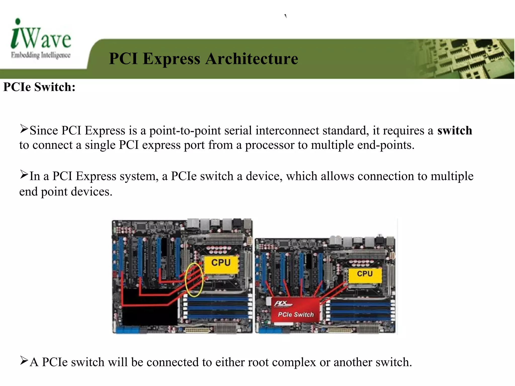 PCI Express Architecture
PCIe Switch:
In a PCI Express system, a PCIe switch a device, which allows connection to multiple
end point devices.
Since PCI Express is a point-to-point serial interconnect standard, it requires a switch
to connect a single PCI express port from a processor to multiple end-points.
A PCIe switch will be connected to either root complex or another switch.
 