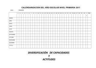 CALENDARIZACION DEL AÑO ESCOLAR NIVEL PRIMARIA 2011
NIVEL : PRIMARIA.
1 2 3 4 5 6 7 8 9 10 11 12 13 14 15 16 17 18 19 20 21 22 23 24 25 26 27 28 29 30 3
1
DÍAS
MARZO
ABRIL
MAYO
JUNIO
JULIO
AGOSTO
SEPTIEMBRE
OCTUBRE
NOVIEMBRE
DICIEMBRE
TOTAL
DIVERSIFICACIÓN DE CAPACIDADES
Y
ACTITUDES
 