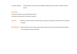 b.- Recursos materiales : Textos del Ministerio de Educación, Kits de Bibliotecas ,material de escritorio, módulos de biblioteca, textos de
consulta.
EVALUACION
- Se evaluarán conceptos, hechos, procedimientos y actitudes.
- Se utilizarán diversas técnicas e instrumentos de evaluación.
TECNICAS : observación, resolución de tareas, entrevistas, pruebas, cuestionarios, comprobación, portafolio, dilema moral, análisis de
Contenidos.
INSTRUMENTOS : escalas de observación ,lista de cotejo, escala de actitudes, registro anecdótico, fichas de trabajo, prácticas calificadas,
Guía de preguntas, fichas de autorvaluación.
 