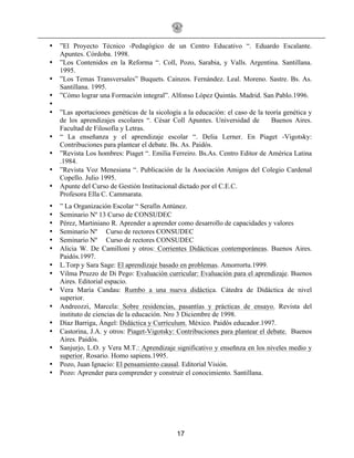 17
• ”El Proyecto Técnico -Pedagógico de un Centro Educativo “. Eduardo Escalante.
Apuntes. Córdoba. 1998.
• ”Los Contenidos en la Reforma “. Coll, Pozo, Sarabia, y Valls. Argentina. Santillana.
1995.
• ”Los Temas Transversales” Buquets. Cainzos. Fernández. Leal. Moreno. Sastre. Bs. As.
Santillana. 1995.
• ”Cómo lograr una Formación integral”. Alfonso López Quintás. Madrid. San Pablo.1996.
•
• ”Las aportaciones genéticas de la sicología a la educación: el caso de la teoría genética y
de los aprendizajes escolares “. César Coll Apuntes. Universidad de Buenos Aires.
Facultad de Filosofía y Letras.
• “ La enseñanza y el aprendizaje escolar “. Delia Lerner. En Piaget -Vigotsky:
Contribuciones para plantear el debate. Bs. As. Paidós.
• ”Revista Los hombres: Piaget “. Emilia Ferreiro. Bs.As. Centro Editor de América Latina
.1984.
• ”Revista Voz Menesiana “. Publicación de la Asociación Amigos del Colegio Cardenal
Copello. Julio 1995.
• Apunte del Curso de Gestión Institucional dictado por el C.E.C.
Profesora Ella C. Cammarata.
• ” La Organización Escolar “ Serafín Antúnez.
• Seminario Nº 13 Curso de CONSUDEC
• Pérez, Martiniano R. Aprender a aprender como desarrollo de capacidades y valores
• Seminario Nº Curso de rectores CONSUDEC
• Seminario Nº Curso de rectores CONSUDEC
• Alicia W. De Camilloni y otros: Corrientes Didácticas contemporáneas. Buenos Aires.
Paidós.1997.
• L.Torp y Sara Sage: El aprendizaje basado en problemas. Amorrortu.1999.
• Vilma Pruzzo de Di Pego: Evaluación curricular: Evaluación para el aprendizaje. Buenos
Aires. Editorial espacio.
• Vera María Candau: Rumbo a una nueva didáctica. Cátedra de Didáctica de nivel
superior.
• Andreozzi, Marcela: Sobre residencias, pasantías y prácticas de ensayo. Revista del
instituto de ciencias de la educación. Nro 3 Diciembre de 1998.
• Díaz Barriga, Ángel: Didáctica y Currículum. México. Paidós educador.1997.
• Castorina, J.A. y otros: Piaget-Vigotsky: Contribuciones para plantear el debate. Buenos
Aires. Paidós.
• Sanjurjo, L.O. y Vera M.T.: Aprendizaje significativo y enseñnza en los niveles medio y
superior. Rosario. Homo sapiens.1995.
• Pozo, Juan Ignacio: El pensamiento causal. Editorial Visión.
• Pozo: Aprender para comprender y construir el conocimiento. Santillana.
 