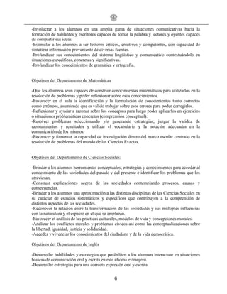 6
-Involucrar a los alumnos en una amplia gama de situaciones comunicativas hacia la
formación de hablantes y escritores capaces de tomar la palabra y lectores y oyentes capaces
de compartir sus ideas.
-Estimular a los alumnos a ser lectores críticos, creativos y competentes, con capacidad de
sintetizar información proveniente de diversas fuentes.
-Profundizar sus conocimientos del sistema lingüístico y comunicativo contextuándolo en
situaciones específicas, concretas y significativas.
-Profundizar los conocimientos de gramática y ortografía.
Objetivos del Departamento de Matemáticas
-Que los alumnos sean capaces de construir conocimientos matemáticos para utilizarlos en la
resolución de problemas y poder reflexionar sobre esos conocimientos.
-Favorecer en el aula la identificación y la formulación de conocimientos tanto correctos
como erróneos, asumiendo que es válido trabajar sobre esos errores para poder corregirlos.
-Reflexionar y ayudar a razonar sobre los conceptos para luego poder aplicarlos en ejercicios
o situaciones problemáticas concretas (comprensión conceptual).
-Resolver problemas seleccionando y/o generando estrategias; juzgar la validez de
razonamientos y resultados y utilizar el vocabulario y la notación adecuadas en la
comunicación de los mismos.
-Favorecer y fomentar la capacidad de investigación dentro del marco escolar centrado en la
resolución de problemas del mundo de las Ciencias Exactas.
Objetivos del Departamento de Ciencias Sociales:
-Brindar a los alumnos herramientas conceptuales, estrategias y conocimientos para acceder al
conocimiento de las sociedades del pasado y del presente e identificar los problemas que los
atraviesan.
-Construir explicaciones acerca de las sociedades contemplando procesos, causas y
consecuencias.
-Brindar a los alumnos una aproximación a las distintas disciplinas de las Ciencias Sociales en
su carácter de estudios sistemáticos y específicos que contribuyen a la comprensión de
distintos aspectos de las sociedades.
-Reconocer la relación entre la transformación de las sociedades y sus múltiples influencias
con la naturaleza y el espacio en el que se emplazan.
-Favorecer el análisis de las prácticas culturales, modelos de vida y concepciones morales.
-Analizar los conflictos morales y problemas cívicos así como las conceptualizaciones sobre
la libertad, igualdad, justicia y solidaridad.
-Acceder y vivenciar los conocimientos del ciudadano y de la vida democrática.
Objetivos del Departamento de Inglés
-Desarrollar habilidades y estrategias que posibiliten a los alumnos interactuar en situaciones
básicas de comunicación oral y escrita en este idioma extranjero.
-Desarrollar estrategias para una correcta expresión oral y escrita.
 