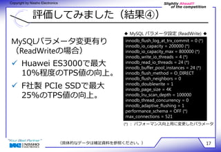 Slightly Ahead!! 
of the competition 
Copyright by Nissho Electronics 
評価してみました（結果④） 
◆ MySQL パラメータ設定 (ReadWrite) ◆ 
innodb_flush_log_at_trx_commit = 0 (*) 
innodb_io_capacity = 200000 (*) 
innodb_io_capacity_max = 800000 (*) 
innodb_write_io_threads = 4 (*) 
innodb_read_io_threads = 24 (*) 
innodb_buffer_pool_instances = 24 (*) 
innodb_flush_method = O_DIRECT 
innodb_flush_neighbors = 0 
innodb_doublewrite = 1 
innodb_page_size = 4K 
innodb_lru_scan_depth = 100000 
innodb_thread_concurrency = 0 
innodb_adaptive_flushing = 1 
performance_schema = OFF (*) 
max_connections = 521 
MySQLパラメータ変更有り 
（ReadWriteの場合） 
 Huawei ES3000で最大 
10%程度のTPS値の向上。 
 F社製 PCIe SSDで最大 
25%のTPS値の向上。 
(*) ： パフォーマンス向上用に変更したパラメータ 
（具体的なデータは補足資料を参照ください。） 17 
 