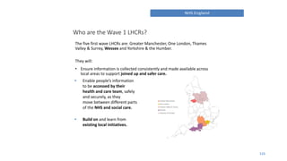 Who are the Wave 1 LHCRs?
The five first wave LHCRs are: Greater Manchester, One London, Thames
Valley & Surrey, Wessex and Yorkshire & the Humber.
They will:
• Ensure information is collected consistently and made available across
local areas to support joined up and safer care.
115
• Enable people’s information
to be accessed by their
health and care team, safely
and securely, as they
move between different parts
of the NHS and social care.
• Build on and learn from
existing local initiatives.
 