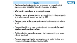 • Reduce duplication - target resources to robustly pilot,
evidence and adopt (or reject) ideas and products
• Work with suppliers in a cohesive way
• Support local innovations - access to technology experts
and a framework supported by the STP
• Support, not stifle, momentum and enthusiasm at a local
level
• Support health and care professionals to make informed
decisions about technology
• Achieve better value for money by implementing at scale
where practical
• Provide common tools for services and patients that are
robust, well supported and sustainable
Goals
 