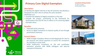 Primary Care Digital Exemplars
Description:
To develop the digital maturity at two GP practices and develop a
framework for other sites to achieve the same standard.
AHSN Role is to :
• Facilitate the adoption of digital innovations in the sites
• Evaluate the project, contributing to the framework for
Southampton City CCG GP sites to adhere to for achieving Digital
Exemplar status.
Benefits:
• Improved online resources
• Access to digital innovations to improve quality of care through
preventative treatment.
Current Status
• AHSN arranges innovation demos at steering groups for sites to
ask practical and clinical questions to ensure the innovations
are meeting an unmet need
• AHSN implements innovations on site and coordinates
evaluation activities with AHSN colleagues and external
evaluators R-Outcomes
Locations being tested:
St. Mary’s Surgery
Shirley Health Centre
 