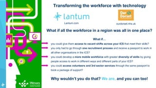 What if all the workforce in a region was all in one place?
What if…
you could give them access to vacant shifts across your ICS that meet their skills?
you only had to go through one recruitment process and receive a passport to work in
all other organisations in the ICS?
you could develop a more mobile workforce with greater diversity of skills by giving
people access to work in different ways and different parts of your ICS?
you could access volunteers and 3rd sector services through the same passport to
book a package of support?
Why wouldn’t you do that? We are, and you can too!
Lantum.com
Transforming the workforce with technology
ourdorset.nhs.uk
 