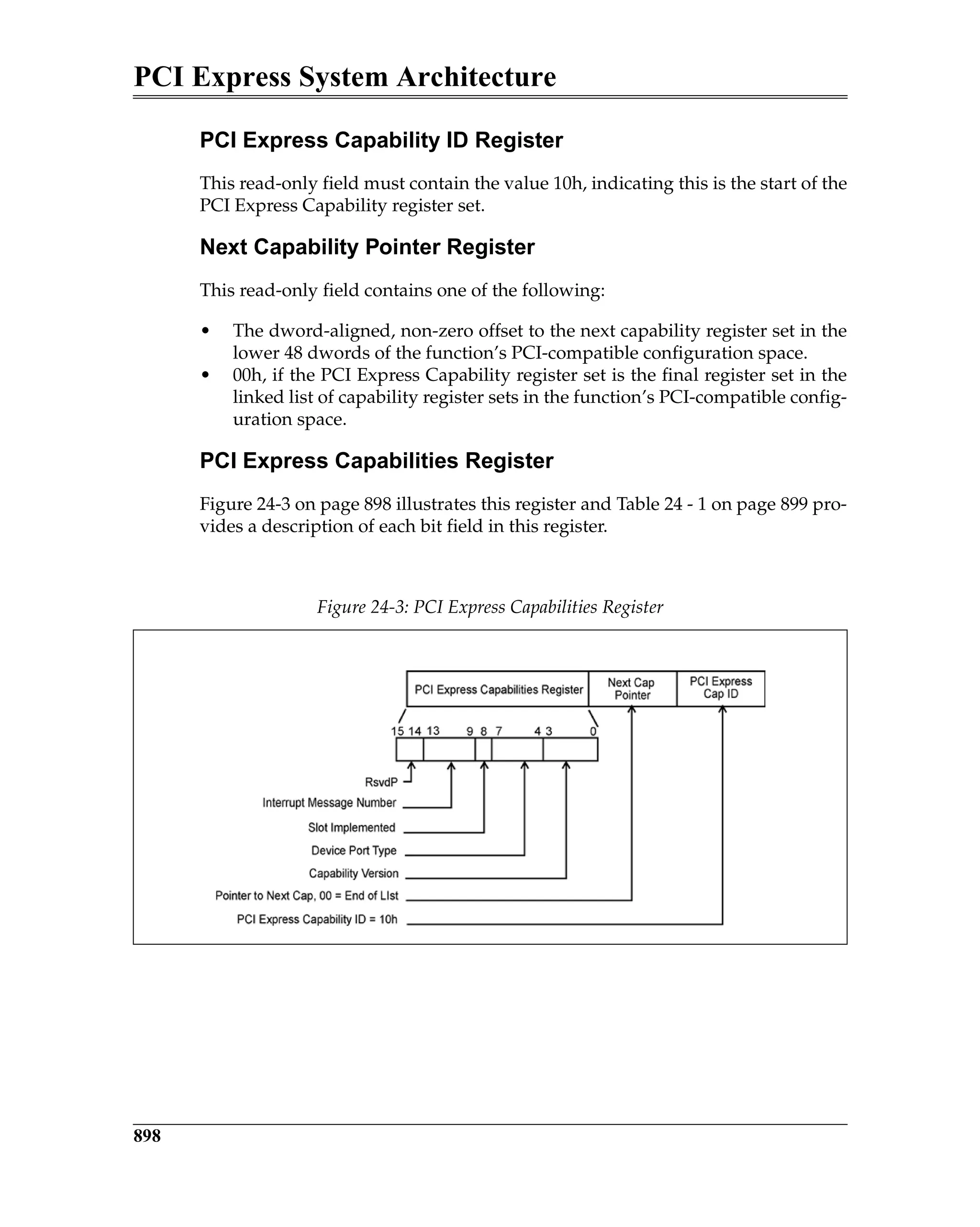 PCI Express System Architecture
898
PCI Express Capability ID Register
This read-only field must contain the value 10h, indicating this is the start of the
PCI Express Capability register set.
Next Capability Pointer Register
This read-only field contains one of the following:
• The dword-aligned, non-zero offset to the next capability register set in the
lower 48 dwords of the function’s PCI-compatible configuration space.
• 00h, if the PCI Express Capability register set is the final register set in the
linked list of capability register sets in the function’s PCI-compatible config-
uration space.
PCI Express Capabilities Register
Figure 24-3 on page 898 illustrates this register and Table 24 - 1 on page 899 pro-
vides a description of each bit field in this register.
Figure 24-3: PCI Express Capabilities Register
 
