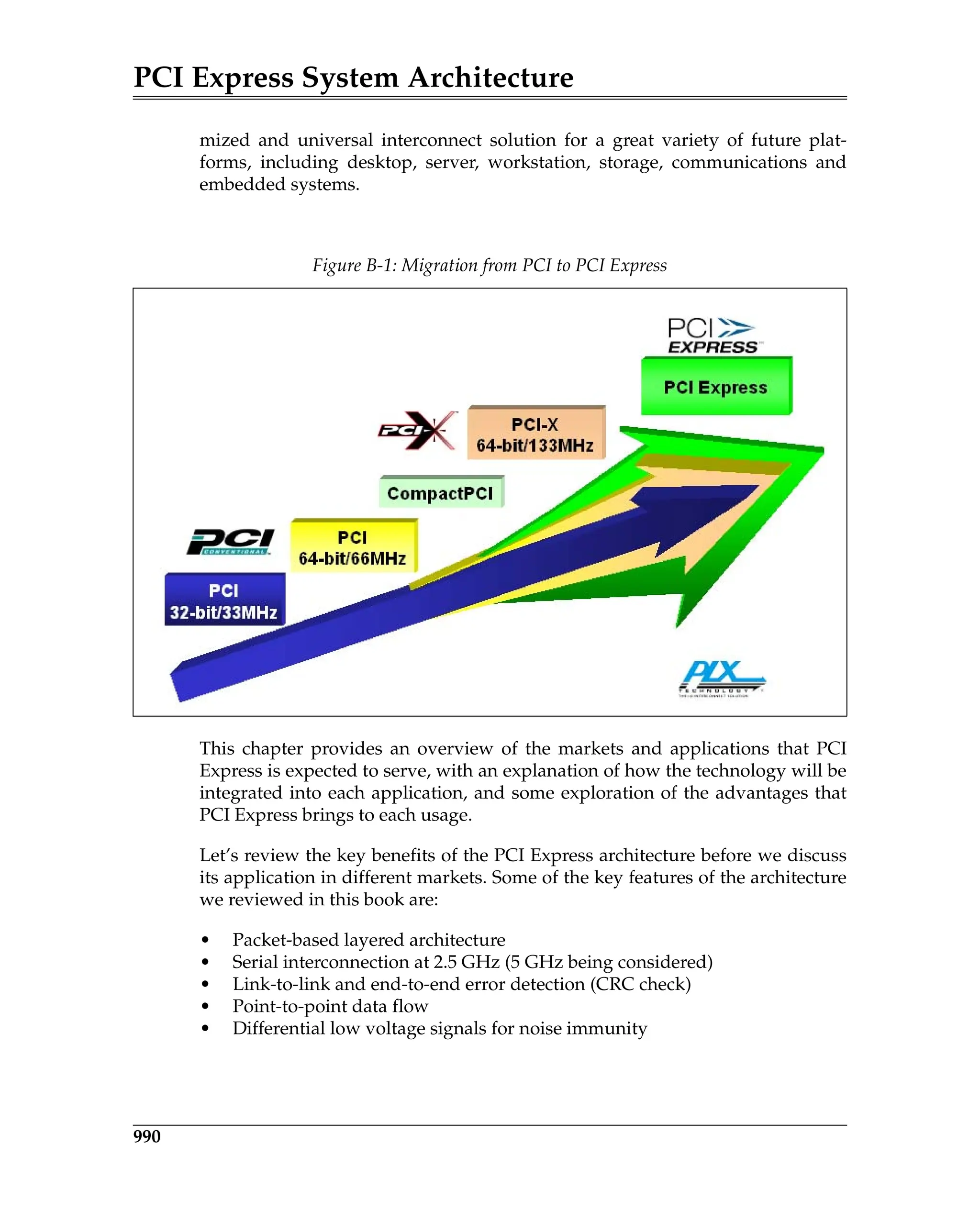 PCI Express System Architecture
990
mized and universal interconnect solution for a great variety of future plat-
forms, including desktop, server, workstation, storage, communications and
embedded systems.
This chapter provides an overview of the markets and applications that PCI
Express is expected to serve, with an explanation of how the technology will be
integrated into each application, and some exploration of the advantages that
PCI Express brings to each usage.
Let’s review the key benefits of the PCI Express architecture before we discuss
its application in different markets. Some of the key features of the architecture
we reviewed in this book are:
• Packet-based layered architecture
• Serial interconnection at 2.5 GHz (5 GHz being considered)
• Link-to-link and end-to-end error detection (CRC check)
• Point-to-point data flow
• Differential low voltage signals for noise immunity
Figure B-1: Migration from PCI to PCI Express
 