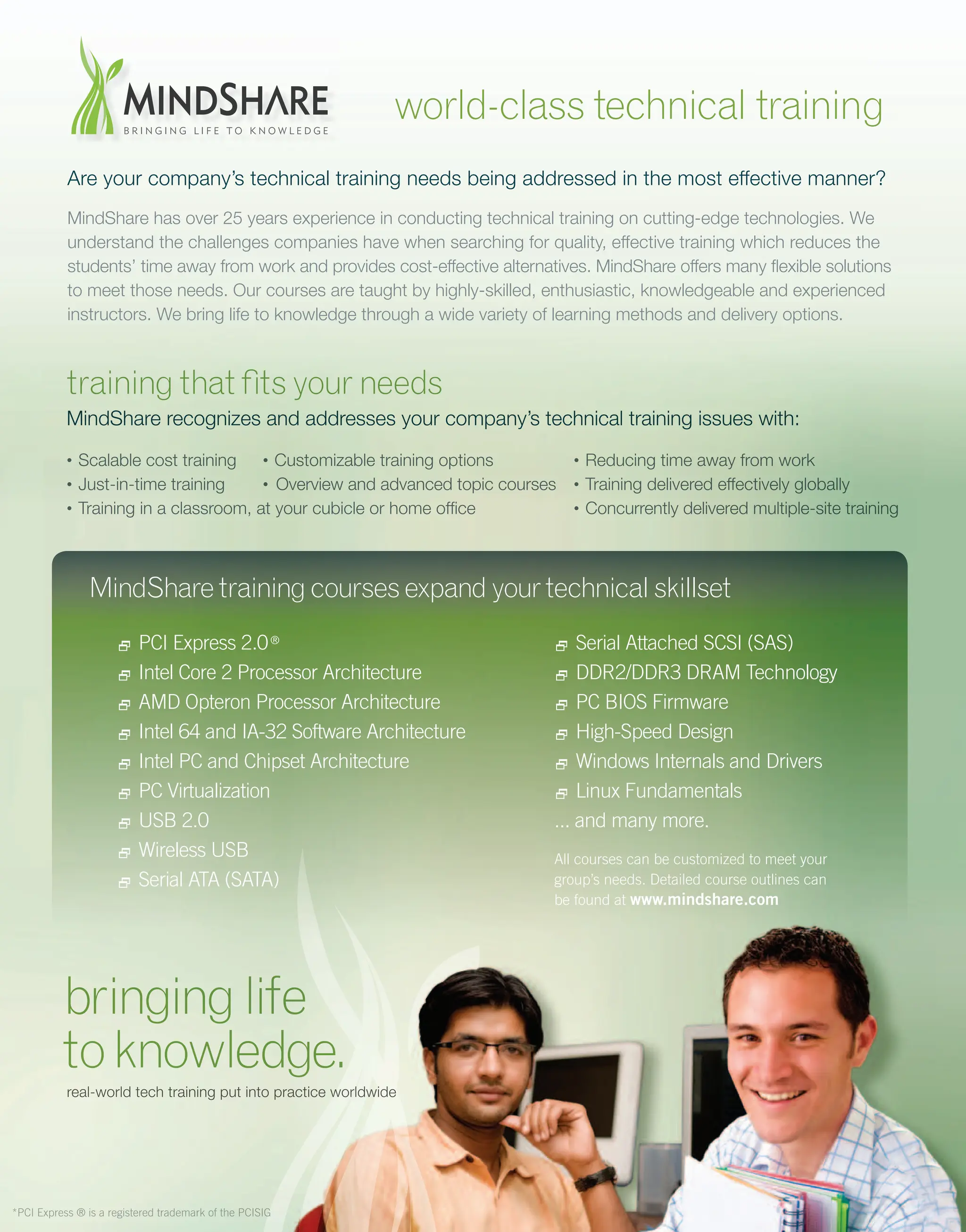 training that ﬁts your needs
MindShare recognizes and addresses your company’s technical training issues with:
• Scalable cost training • Customizable training options • Reducing time away from work
• Just-in-time training • Overview and advanced topic courses • Training delivered effectively globally
• Training in a classroom, at your cubicle or home ofﬁce • Concurrently delivered multiple-site training
bringinglife
toknowledge.
real-world tech training put into practice worldwide
real-world tech training put into practice worldwide
real-world tech training put into practice worldwide
real-world tech training put into practice worldwide
Are your company’s technical training needs being addressed in the most effective manner?
MindShare has over 25 years experience in conducting technical training on cutting-edge technologies. We
understand the challenges companies have when searching for quality, effective training which reduces the
students’ time away from work and provides cost-effective alternatives. MindShare offers many ﬂexible solutions
to meet those needs. Our courses are taught by highly-skilled, enthusiastic, knowledgeable and experienced
instructors. We bring life to knowledge through a wide variety of learning methods and delivery options.
2 PCI Express 2.0®
2 Intel Core 2 Processor Architecture
2 AMD Opteron Processor Architecture
2 Intel 64 and IA-32 Software Architecture
2 Intel PC and Chipset Architecture
2 PC Virtualization
2 USB 2.0
2 Wireless USB
2 Serial ATA (SATA)
2 Serial Attached SCSI (SAS)
2 DDR2/DDR3 DRAM Technology
2 PC BIOS Firmware
2 High-Speed Design
2 Windows Internals and Drivers
2 Linux Fundamentals
... and many more.
All courses can be customized to meet your
group’s needs. Detailed course outlines can
be found at www.mindshare.com
world-class technical training
MindSharetrainingcoursesexpandyourtechnicalskillset
*PCI Express ® is a registered trademark of the PCISIG
*PCI Express ® is a registered trademark of the PCISIG
 