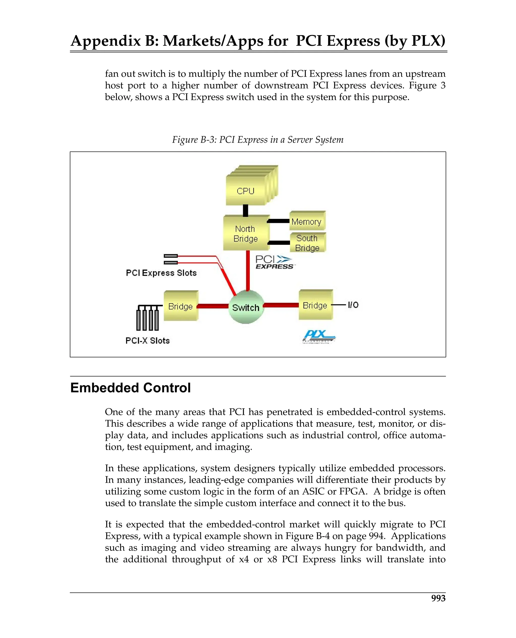 Appendix B: Markets/Apps for PCI Express (by PLX)
993
fan out switch is to multiply the number of PCI Express lanes from an upstream
host port to a higher number of downstream PCI Express devices. Figure 3
below, shows a PCI Express switch used in the system for this purpose.
Embedded Control
One of the many areas that PCI has penetrated is embedded-control systems.
This describes a wide range of applications that measure, test, monitor, or dis-
play data, and includes applications such as industrial control, office automa-
tion, test equipment, and imaging.
In these applications, system designers typically utilize embedded processors.
In many instances, leading-edge companies will differentiate their products by
utilizing some custom logic in the form of an ASIC or FPGA. A bridge is often
used to translate the simple custom interface and connect it to the bus.
It is expected that the embedded-control market will quickly migrate to PCI
Express, with a typical example shown in Figure B-4 on page 994. Applications
such as imaging and video streaming are always hungry for bandwidth, and
the additional throughput of x4 or x8 PCI Express links will translate into
Figure B-3: PCI Express in a Server System
 