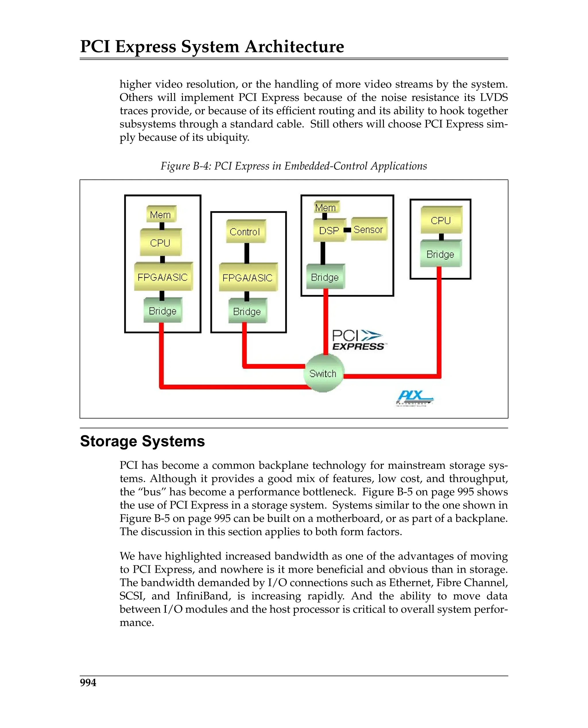 PCI Express System Architecture
994
higher video resolution, or the handling of more video streams by the system.
Others will implement PCI Express because of the noise resistance its LVDS
traces provide, or because of its efficient routing and its ability to hook together
subsystems through a standard cable. Still others will choose PCI Express sim-
ply because of its ubiquity.
Storage Systems
PCI has become a common backplane technology for mainstream storage sys-
tems. Although it provides a good mix of features, low cost, and throughput,
the “bus” has become a performance bottleneck. Figure B-5 on page 995 shows
the use of PCI Express in a storage system. Systems similar to the one shown in
Figure B-5 on page 995 can be built on a motherboard, or as part of a backplane.
The discussion in this section applies to both form factors.
We have highlighted increased bandwidth as one of the advantages of moving
to PCI Express, and nowhere is it more beneficial and obvious than in storage.
The bandwidth demanded by I/O connections such as Ethernet, Fibre Channel,
SCSI, and InfiniBand, is increasing rapidly. And the ability to move data
between I/O modules and the host processor is critical to overall system perfor-
mance.
Figure B-4: PCI Express in Embedded-Control Applications
 