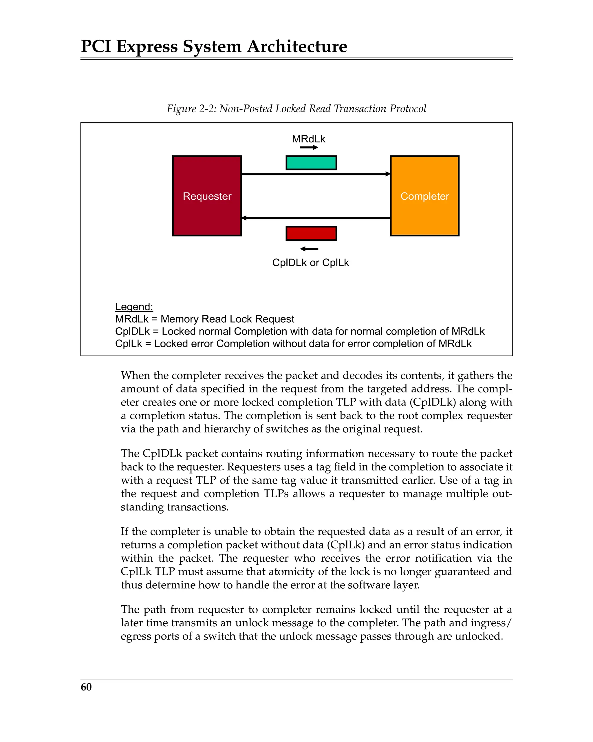 PCI Express System Architecture
60
When the completer receives the packet and decodes its contents, it gathers the
amount of data specified in the request from the targeted address. The compl-
eter creates one or more locked completion TLP with data (CplDLk) along with
a completion status. The completion is sent back to the root complex requester
via the path and hierarchy of switches as the original request.
The CplDLk packet contains routing information necessary to route the packet
back to the requester. Requesters uses a tag field in the completion to associate it
with a request TLP of the same tag value it transmitted earlier. Use of a tag in
the request and completion TLPs allows a requester to manage multiple out-
standing transactions.
If the completer is unable to obtain the requested data as a result of an error, it
returns a completion packet without data (CplLk) and an error status indication
within the packet. The requester who receives the error notification via the
CplLk TLP must assume that atomicity of the lock is no longer guaranteed and
thus determine how to handle the error at the software layer.
The path from requester to completer remains locked until the requester at a
later time transmits an unlock message to the completer. The path and ingress/
egress ports of a switch that the unlock message passes through are unlocked.
Figure 2-2: Non-Posted Locked Read Transaction Protocol
Requester Completer
MRdLk
CplDLk or CplLk
Legend:
MRdLk = Memory Read Lock Request
CplDLk = Locked normal Completion with data for normal completion of MRdLk
CplLk = Locked error Completion without data for error completion of MRdLk
 