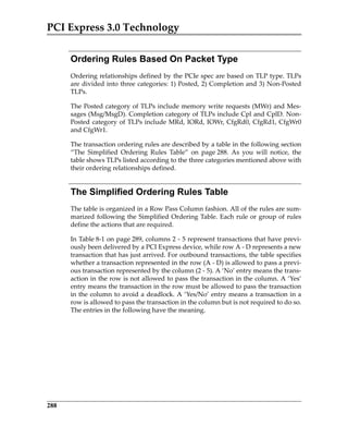 PCI Express 3.0 Technology
288
Ordering Rules Based On Packet Type
Ordering relationships defined by the PCIe spec are based on TLP type. TLPs
are divided into three categories: 1) Posted, 2) Completion and 3) Non‐Posted
TLPs. 
The Posted category of TLPs include memory write requests (MWr) and Mes‐
sages (Msg/MsgD). Completion category of TLPs include Cpl and CplD. Non‐
Posted category of TLPs include MRd, IORd, IOWr, CfgRd0, CfgRd1, CfgWr0
and CfgWr1. 
The transaction ordering rules are described by a table in the following section
“The  Simplified  Ordering  Rules  Table”  on  page 288.  As  you  will  notice,  the
table shows TLPs listed according to the three categories mentioned above with
their ordering relationships defined.
The Simplified Ordering Rules Table
The table is organized in a Row Pass Column fashion. All of the rules are sum‐
marized following the Simplified Ordering Table. Each rule or group of rules
define the actions that are required.
In Table 8‐1 on page 289, columns 2 ‐ 5 represent transactions that have previ‐
ously been delivered by a PCI Express device, while row A ‐ D represents a new
transaction that has just arrived. For outbound transactions, the table specifies
whether a transaction represented in the row (A ‐ D) is allowed to pass a previ‐
ous transaction represented by the column (2 ‐ 5). A ‘No’ entry means the trans‐
action in the row is not allowed to pass the transaction in the column. A ‘Yes’
entry means the transaction in the row must be allowed to pass the transaction
in the column to avoid a deadlock. A ‘Yes/No’ entry means a transaction in a
row is allowed to pass the transaction in the column but is not required to do so.
The entries in the following have the meaning.
PCIe 3.0.book Page 288 Sunday, September 2, 2012 11:25 AM
 