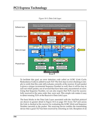 PCI Express Technology
318
To  facilitate  this  goal,  an  error  detection  code  called  an  LCRC  (Link  Cyclic
Redundancy Code) is added to each TLP. The first step in error checking is sim‐
ply to verify that this code still evaluates correctly at the receiver. If each packet
is given a unique incremental Sequence Number as well, then it will be easy to
sort out which packet, out of several that have been sent, encountered an error.
Using that Sequence Number, we can also require that TLPs must be success‐
fully received in the same order they were sent. This simple rule makes it easy
to detect missing TLPs at the Receiver’s Data Link Layer.
The basic blocks in the Data Link Layer associated with the Ack/Nak protocol
are shown in greater detail in Figure 10‐2 on page 319. Every TLP sent across
the Link is checked at the receiver by evaluating the LCRC (first) and Sequence
Number (second) in the packet. The receiving device notifies the transmitting
device that a good TLP has been received by returning an Ack. Reception of an
Figure 10‐1: Data Link Layer
Port
Link
Memory, I/O, Configuration R/W Requests or Message Requests or Completions
(Software layer sends / receives address/transaction type/data/message index)
Software layer
Transaction layer
Header Data Payload ECRC
Receive
Buffers
per VC
Transmit
Buffers
per VC
Data Link layer
Physical layer
Serial-to-ParallelParallel-to-Serial
Differential ReceiverDifferential Driver
Link PacketStart EndLink PacketStart End
DecodeEncode
Transaction Layer Packet (TLP)
TLP Error
Check
TLP Replay
Buffer
Physical PacketPhysical Packet
Link Packet
Sequence TLP LCRCACK/NAK
DLLPs e.g.
CRC
Header Data Payload ECRC
Transaction Layer Packet (TLP)
Link Packet
Sequence TLP LCRC
De-mux
Mux
Transmit Receive
Flow Control
Virtual Channel
Management
Ordering
Link
Training
ACK/NAK
DLLPs
CRC
PCIe 3.0.book Page 318 Sunday, September 2, 2012 11:25 AM
 