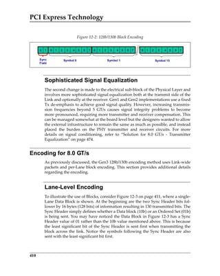 PCI Express Technology
410
Sophisticated Signal Equalization
The second change is made to the electrical sub‐block of the Physical Layer and
involves more sophisticated signal equalization both at the transmit side of the
Link and optionally at the receiver. Gen1 and Gen2 implementations use a fixed
Tx de‐emphasis to achieve good signal quality. However, increasing transmis‐
sion  frequencies  beyond  5  GT/s  causes  signal  integrity  problems  to  become
more pronounced, requiring more transmitter and receiver compensation. This
can be managed somewhat at the board level but the designers wanted to allow
the external infrastructure to remain the same as much as possible, and instead
placed  the  burden  on  the  PHY  transmitter  and  receiver  circuits.  For  more
details  on  signal  conditioning,  refer  to  “Solution  for  8.0  GT/s  ‐  Transmitter
Equalization” on page 474.
Encoding for 8.0 GT/s
As previously discussed, the Gen3 128b/130b encoding method uses Link‐wide
packets and per‐Lane block encoding. This section provides additional details
regarding the encoding.
Lane-Level Encoding
To illustrate the use of Blocks, consider Figure 12‐3 on page 411, where a single‐
Lane Data Block is shown. At the beginning are the two Sync Header bits fol‐
lower by 16 bytes (128 bits) of information resulting in 130 transmitted bits. The
Sync Header simply defines whether a Data block (10b) or an Ordered Set (01b)
is being sent. You may have noticed the Data Block in Figure 12‐3 has a Sync
Header value of 01 rather than the 10b value mentioned above. This is because
the least significant bit of the Sync Header is sent first when transmitting the
block across the link. Notice the symbols following the Sync Header are also
sent with the least significant bit first.
Figure 12‐2: 128b/130b Block Encoding
0 1 2 3 4 5 6 70 1 2 3 4 5 6 7 0 1 2 3 4 5 6 70 1 2 3 4 5 6 7 0 1 2 3 4 5 6 70 1 2 3 4 5 6 70 10 1
Symbol 0 Symbol 1 Symbol 15Sync
Field
PCIe 3.0.book Page 410 Sunday, September 2, 2012 11:25 AM
 