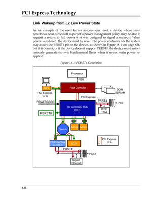 PCI Express Technology
836
Link Wakeup from L2 Low Power State
As  an  example  of  the  need  for  an  autonomous  reset,  a  device  whose  main
power has been turned off as part of a power management policy may be able to
request  a  return  to  full  power  if  it  was  designed  to  signal  a  wakeup.  When
power is restored, the device must be reset. The power controller for the system
may assert the PERST# pin to the device, as shown in Figure 18‐1 on page 836,
but if it doesn’t, or if the device doesn’t support PERST#, the device must auton‐
omously generate its own Fundamental Reset when it senses main power re‐
applied. 
Figure 18‐1: PERST# Generation
Processor
Root Complex
DDR
SDRAM
IO Controller Hub
(ICH) IEEE
1394
PCI Express
GFX
PCI
PCI Express
Add-In Add-In
GFX
FSB
PCI Express
Link
Switch
PCI Express
to-PCI-X
PCI-X
SCSI
Gigabit
Ethernet
PERST#
PRST#
PRST#POWERGOOD
PCIe 3.0.book Page 836 Sunday, September 2, 2012 11:25 AM
 