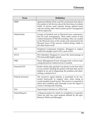 Glossary
981
OBFF Optimized Buffer Flush and Fill; mechanism that allows
the system to tell devices about the best times to initiate
traffic.  If  devices  send  requests  during  optimal  times
and not during other times system power management
will be improved.
Ordered Sets Groups of Symbols sent as Physical Layer communica‐
tion  for  Lane  management.  These  often  consist  of  just
control characters for 8b/10b encoding. They are created
in the Physical Layer of the sender and consumed in the
Physical  Layer  of  the  receiver  without  being  visible  to
the other layers at all.
PCI Peripheral  Component  Interface.  Designed  to  replace
earlier bus designs used in PCs, such as ISA.
PCI‐X PCI eXtended. Designed to correct the shortcomings of
PCI and enable higher speeds.
PME Power Management Event; message from a device indi‐
cating that power‐related service is needed. 
Poisoned TLP Packet whose data payload was known to be bad when
it was created. Sending the packet with bad data can be
helpful as an aid to diagnosing the problem and deter‐
mining a solution for it.
Polarity Inversion The  receiver’s  signal  polarity  is  permitted  to  be  con‐
nected  backwards  to  support  cases  when  doing  so
would simplify board layout. The receiver is required to
detect this condition and internally invert the signal to
correct it during Link Training.
Port Input/output interface to a PCIe Link.
Posted Request A Request packet for which no completion is expected.
There  are  only two  such requests defined by the  spec:
Memory Writes and Messages.
Term Definition
PCIe 3.0.book Page 981 Sunday, September 2, 2012 11:25 AM
 