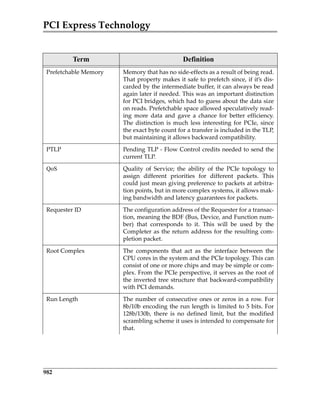 PCI Express Technology
982
Prefetchable Memory Memory that has no side‐effects as a result of being read.
That property makes it safe to prefetch since, if it’s dis‐
carded by the intermediate buffer, it can always be read
again later if needed. This was an important distinction
for PCI bridges, which had to guess about the data size
on reads. Prefetchable space allowed speculatively read‐
ing  more  data  and  gave  a  chance  for  better  efficiency.
The distinction is much less interesting for PCIe, since
the exact byte count for a transfer is included in the TLP,
but maintaining it allows backward compatibility.
PTLP Pending TLP ‐ Flow Control credits needed to send the
current TLP.
QoS Quality  of  Service;  the  ability  of  the  PCIe  topology  to
assign  different  priorities  for  different  packets.  This
could just mean giving preference to packets at arbitra‐
tion points, but in more complex systems, it allows mak‐
ing bandwidth and latency guarantees for packets.
Requester ID The configuration address of the Requester for a transac‐
tion, meaning the BDF (Bus, Device, and Function num‐
ber)  that  corresponds  to  it.  This  will  be  used  by  the
Completer as the return address for the resulting com‐
pletion packet.
Root Complex The  components  that  act  as  the  interface  between  the
CPU cores in the system and the PCIe topology. This can
consist of one or more chips and may be simple or com‐
plex. From the PCIe perspective, it serves as the root of
the inverted tree structure that backward‐compatibility
with PCI demands.
Run Length The number of consecutive ones or zeros in a row. For
8b/10b encoding the run length is limited to 5 bits. For
128b/130b,  there  is  no  defined  limit,  but  the  modified
scrambling scheme it uses is intended to compensate for
that.
Term Definition
PCIe 3.0.book Page 982 Sunday, September 2, 2012 11:25 AM
 