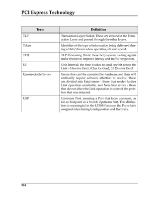 PCI Express Technology
984
TLP Transaction Layer Packet. These are created in the Trans‐
action Layer and passed through the other layers.
Token Identifier of the type of information being delivered dur‐
ing a Data Stream when operating at Gen3 speed.
TPH TLP Processing Hints; these help system routing agents
make choices to improve latency and traffic congestion.
UI Unit Interval; the time it takes to send one bit across the
Link ‐ 0.4ns for Gen1, 0.2ns for Gen2, 0.125ns for Gen3
Uncorrectable Errors Errors that can’t be corrected by hardware and thus will
ordinarily  require  software  attention  to  resolve.  These
are divided into Fatal errors ‐ those that render further
Link operation unreliable, and Non‐fatal errors ‐ those
that do not affect the Link operation in spite of the prob‐
lem that was detected.
USP  Upstream Port, meaning a Port that faces upstream, as
for an Endpoint or a Switch Upstream Port. This distinc‐
tion is meaningful in the LTSSM because the Ports have
assigned roles during Configuration and Recovery.
Term Definition
PCIe 3.0.book Page 984 Sunday, September 2, 2012 11:25 AM
 