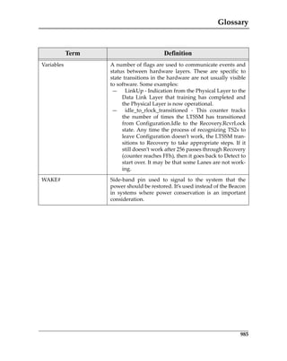 Glossary
985
Variables A number of flags are used to communicate events and
status  between  hardware  layers.  These  are  specific  to
state transitions in the hardware are not usually visible
to software. Some examples:
— LinkUp ‐ Indication from the Physical Layer to the
Data  Link  Layer  that  training  has  completed  and
the Physical Layer is now operational.
— idle_to_rlock_transitioned  ‐  This  counter  tracks
the  number  of  times  the  LTSSM  has  transitioned
from  Configuration.Idle  to  the  Recovery.RcvrLock
state. Any time the process of recognizing TS2s to
leave Configuration doesn’t work, the LTSSM tran‐
sitions to  Recovery to take appropriate  steps. If it
still doesn’t work after 256 passes through Recovery
(counter reaches FFh), then it goes back to Detect to
start over. It may be that some Lanes are not work‐
ing.
WAKE# Side‐band  pin  used  to  signal  to  the  system  that  the
power should be restored. It’s used instead of the Beacon
in  systems  where  power  conservation  is  an  important
consideration.
Term Definition
PCIe 3.0.book Page 985 Sunday, September 2, 2012 11:25 AM
 