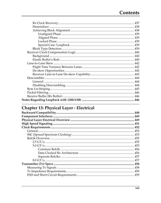 Contents
xxi
Rx Clock Recovery.................................................................................................... 437
Deserializer................................................................................................................ 438
Achieving Block Alignment .................................................................................... 438
Unaligned Phase................................................................................................ 439
Aligned Phase .................................................................................................... 439
Locked Phase...................................................................................................... 439
Special Case: Loopback..................................................................................... 439
Block Type Detection................................................................................................ 439
Receiver Clock Compensation Logic ............................................................................ 440
Background................................................................................................................ 440
Elastic Buffer’s Role.................................................................................................. 440
Lane-to-Lane Skew .......................................................................................................... 442
Flight Time Variance Between Lanes..................................................................... 442
De-skew Opportunities............................................................................................ 442
Receiver Lane-to-Lane De-skew Capability.......................................................... 443
Descrambler...................................................................................................................... 444
General ....................................................................................................................... 444
Disabling Descrambling........................................................................................... 444
Byte Un-Striping............................................................................................................... 445
Packet Filtering................................................................................................................. 446
Receive Buffer (Rx Buffer) .............................................................................................. 446
Notes Regarding Loopback with 128b/130b ..................................................................... 446
Chapter 13: Physical Layer - Electrical
Backward Compatibility....................................................................................................... 448
Component Interfaces ........................................................................................................... 449
Physical Layer Electrical Overview .................................................................................... 449
High Speed Signaling ........................................................................................................... 451
Clock Requirements .............................................................................................................. 452
General............................................................................................................................... 452
SSC (Spread Spectrum Clocking) .................................................................................. 453
Refclk Overview............................................................................................................... 455
2.5 GT/s...................................................................................................................... 455
5.0 GT/s...................................................................................................................... 455
Common Refclk ................................................................................................. 456
Data Clocked Rx Architecture ......................................................................... 456
Separate Refclks................................................................................................. 457
8.0 GT/s...................................................................................................................... 457
Transmitter (Tx) Specs .......................................................................................................... 458
Measuring Tx Signals ...................................................................................................... 458
Tx Impedance Requirements.......................................................................................... 459
ESD and Short Circuit Requirements............................................................................ 459
PCIe 3.0.book Page xxi Sunday, September 2, 2012 11:25 AM
 