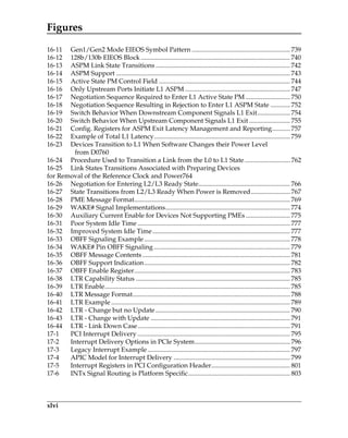 Figures
xlvi
16-11 Gen1/Gen2 Mode EIEOS Symbol Pattern ............................................................ 739
16-12 128b/130b EIEOS Block ........................................................................................... 740
16-13 ASPM Link State Transitions .................................................................................. 742
16-14 ASPM Support .......................................................................................................... 743
16-15 Active State PM Control Field ................................................................................ 744
16-16 Only Upstream Ports Initiate L1 ASPM ................................................................ 747
16-17 Negotiation Sequence Required to Enter L1 Active State PM ........................... 750
16-18 Negotiation Sequence Resulting in Rejection to Enter L1 ASPM State ............ 752
16-19 Switch Behavior When Downstream Component Signals L1 Exit.................... 754
16-20 Switch Behavior When Upstream Component Signals L1 Exit ......................... 755
16-21 Config. Registers for ASPM Exit Latency Management and Reporting........... 757
16-22 Example of Total L1 Latency................................................................................... 759
16-23 Devices Transition to L1 When Software Changes their Power Level
from D0760
16-24 Procedure Used to Transition a Link from the L0 to L1 State............................ 762
16-25 Link States Transitions Associated with Preparing Devices
for Removal of the Reference Clock and Power764
16-26 Negotiation for Entering L2/L3 Ready State........................................................ 766
16-27 State Transitions from L2/L3 Ready When Power is Removed........................ 767
16-28 PME Message Format............................................................................................... 769
16-29 WAKE# Signal Implementations............................................................................ 774
16-30 Auxiliary Current Enable for Devices Not Supporting PMEs ........................... 775
16-31 Poor System Idle Time ............................................................................................. 777
16-32 Improved System Idle Time.................................................................................... 777
16-33 OBFF Signaling Example......................................................................................... 778
16-34 WAKE# Pin OBFF Signaling ................................................................................... 779
16-35 OBFF Message Contents .......................................................................................... 781
16-36 OBFF Support Indication......................................................................................... 782
16-37 OBFF Enable Register............................................................................................... 783
16-38 LTR Capability Status .............................................................................................. 785
16-39 LTR Enable................................................................................................................. 785
16-40 LTR Message Format................................................................................................ 788
16-41 LTR Example ............................................................................................................. 789
16-42 LTR - Change but no Update .................................................................................. 790
16-43 LTR - Change with Update ..................................................................................... 791
16-44 LTR - Link Down Case............................................................................................. 791
17-1 PCI Interrupt Delivery ............................................................................................. 795
17-2 Interrupt Delivery Options in PCIe System.......................................................... 796
17-3 Legacy Interrupt Example....................................................................................... 797
17-4 APIC Model for Interrupt Delivery ....................................................................... 799
17-5 Interrupt Registers in PCI Configuration Header................................................ 801
17-6 INTx Signal Routing is Platform Specific.............................................................. 803
PCIe 3.0.book Page xlvi Sunday, September 2, 2012 11:25 AM
 