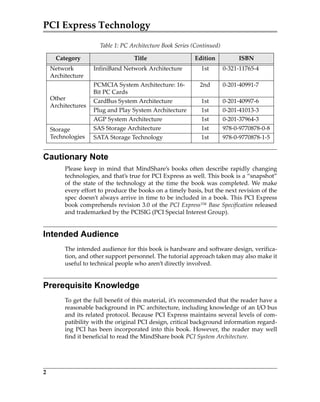 PCI Express Technology
2
Cautionary Note
Please keep in mind that MindShare’s books often describe rapidly changing
technologies, and that’s true for PCI Express as well. This book is a “snapshot”
of the state of the technology at the time the book was completed. We make
every effort to produce the books on a timely basis, but the next revision of the
spec doesn’t always arrive in time to be included in a book. This PCI Express
book comprehends revision 3.0 of the PCI Express™ Base Specification released
and trademarked by the PCISIG (PCI Special Interest Group).
Intended Audience
The intended audience for this book is hardware and software design, verifica‐
tion, and other support personnel. The tutorial approach taken may also make it
useful to technical people who aren’t directly involved.
Prerequisite Knowledge
To get the full benefit of this material, it’s recommended that the reader have a
reasonable background in PC architecture, including knowledge of an I/O bus
and its related protocol. Because PCI Express maintains several levels of com‐
patibility with the original PCI design, critical background information regard‐
ing PCI has been incorporated into this book. However, the reader may well
find it beneficial to read the MindShare book PCI System Architecture.
Network 
Architecture
InfiniBand Network Architecture 1st 0‐321‐11765‐4
Other 
Architectures
PCMCIA System Architecture: 16‐
Bit PC Cards
2nd 0‐201‐40991‐7
CardBus System Architecture 1st 0‐201‐40997‐6
Plug and Play System Architecture 1st 0‐201‐41013‐3
AGP System Architecture 1st 0‐201‐37964‐3
Storage 
Technologies
SAS Storage Architecture 1st 978‐0‐9770878‐0‐8
SATA Storage Technology 1st 978‐0‐9770878‐1‐5
Table 1: PC Architecture Book Series (Continued)
Category Title Edition ISBN
PCIe 3.0.book Page 2 Sunday, September 2, 2012 11:25 AM
 