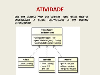 ATIVIDADE
CRIE UM SISTEMA PARA UM CORREIO QUE RECEBE OBJETOS
ENDEREÇÁVEIS A SEREM DESPACHADOS A UM DESTINO
DETERMINADO
 