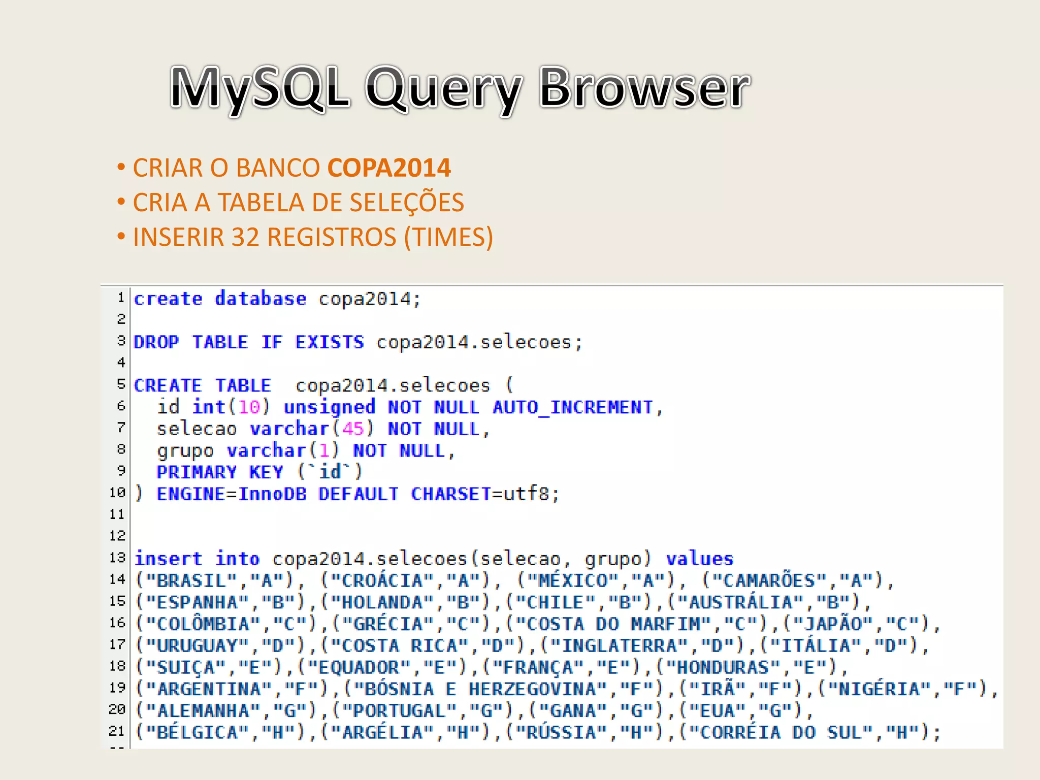 • CRIAR O BANCO COPA2014
• CRIA A TABELA DE SELEÇÕES
• INSERIR 32 REGISTROS (TIMES)
 