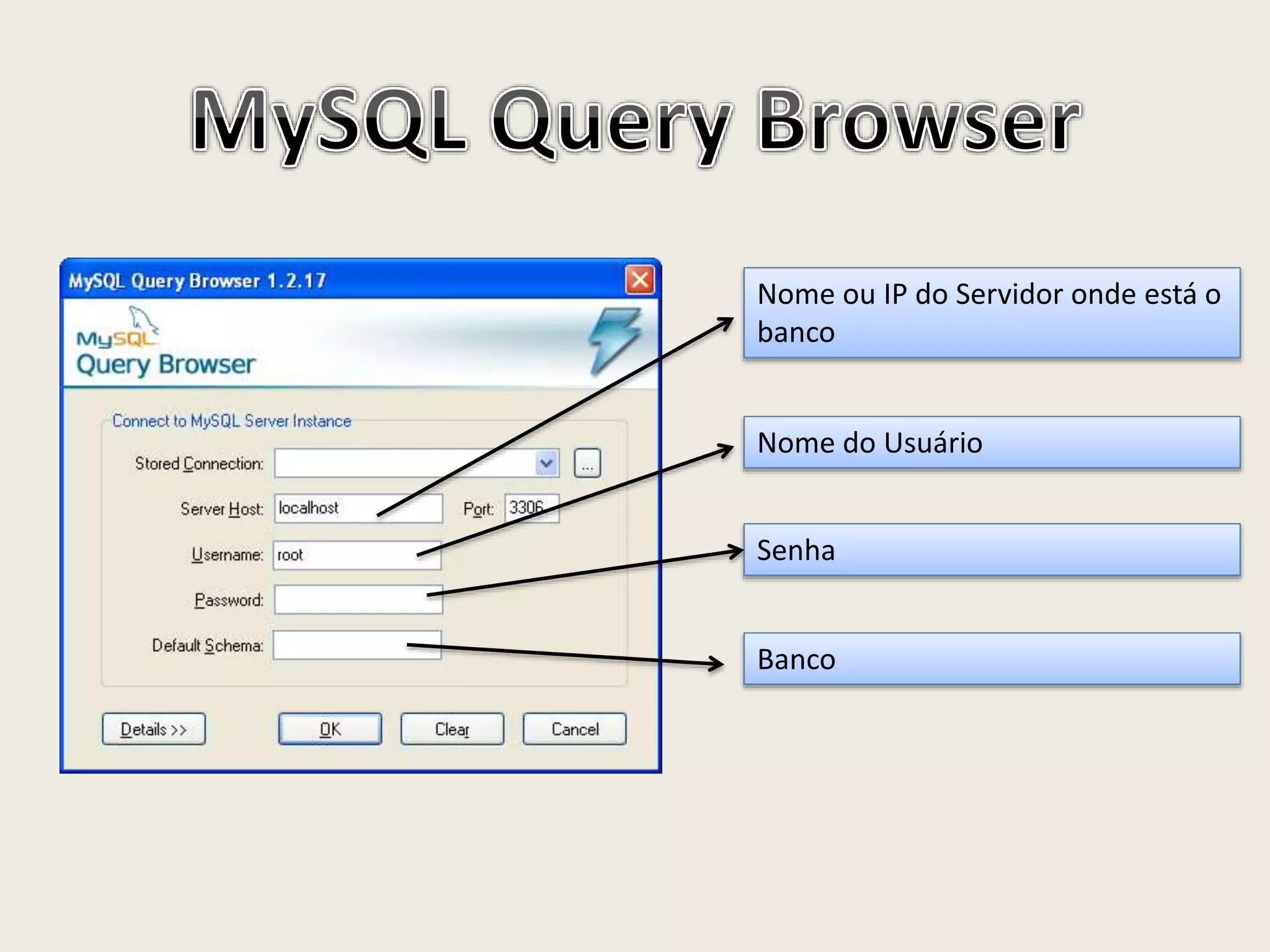 Nome ou IP do Servidor onde está o
banco
Nome do Usuário
Senha
Banco
 