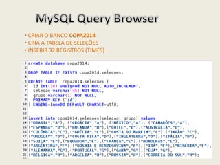 • CRIAR O BANCO COPA2014
• CRIA A TABELA DE SELEÇÕES
• INSERIR 32 REGISTROS (TIMES)
 